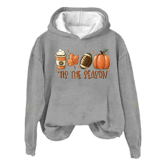 LGASWYX Women's Hoodie Pumpkin Maple Leaf Print Autumn And Winter Drawless Hoodie (Gray,L)