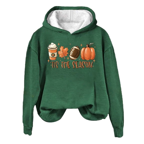 LGASWYX Women's Hoodie Pumpkin Maple Leaf Print Autumn And Winter Drawless Hoodie (Green,L)