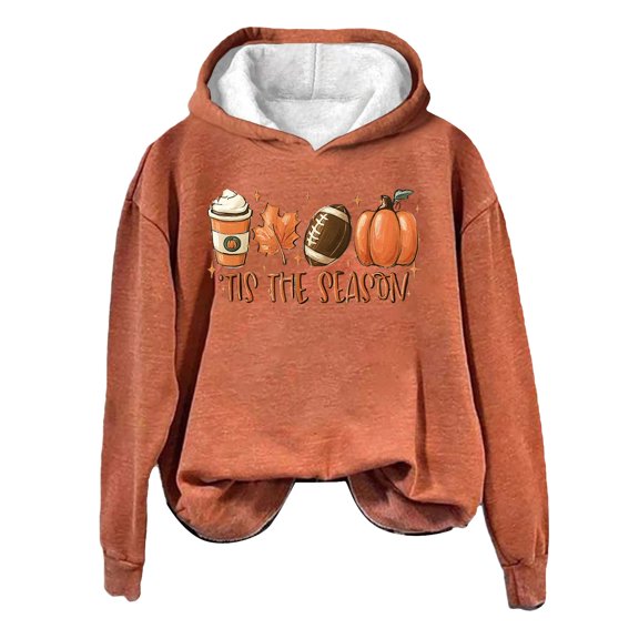 LGASWYX Women's Hoodie Pumpkin Maple Leaf Print Autumn And Winter Drawless Hoodie (Orange,S)