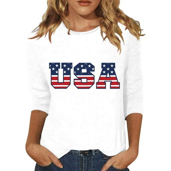 LGASWYX Womens Toos Women'S Summer Round Neck Independence Day Usa Printed Loose Casual 3/4 Sleeve Top T-Shirt (Sky Blue,M)