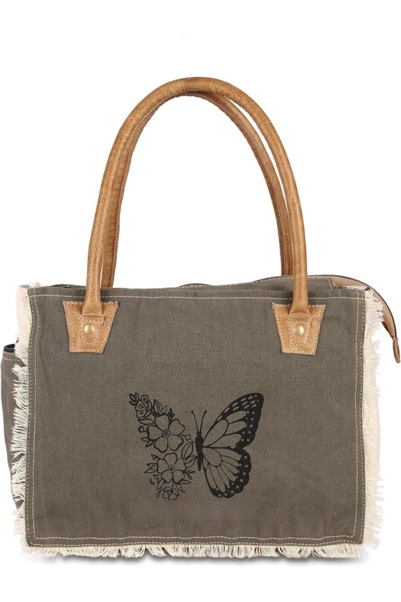 LGBAB The Butterfly Upcycled Canvas & Cowhide Leather Tote Bag, Hand Bag With Leather Accents
