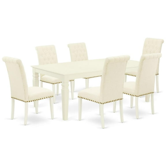 LGBR7-LWH-02 7Pc Dinette Set Includes a Rectangular Kitchen Table with Butterfly Leaf and Six Parson Chairs with Light Beige Fabric, Linen White Finish