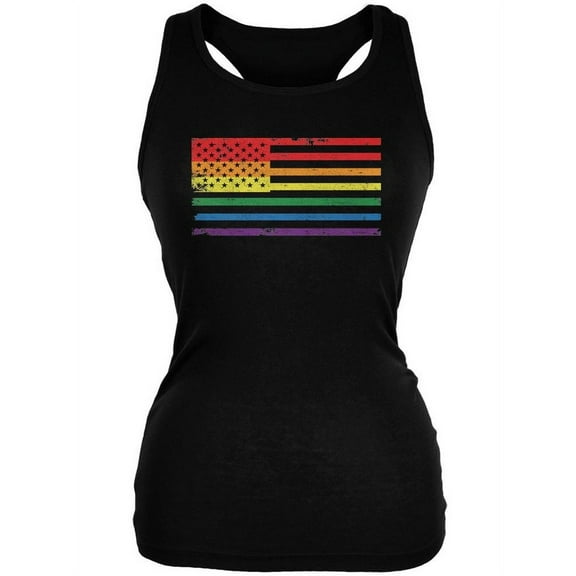 LGBT American Flag Distressed Black Juniors Soft Tank Top - X-Large