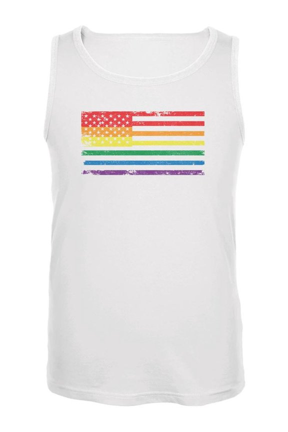 LGBT American Flag Distressed White Adult Tank Top - Large
