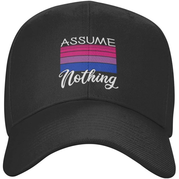 LGBT Bi Pride Gifts Assume Nothing Bisexual Flag Baseball Cap Men Trucker Hat Women Dad Hat Ponytail Hat Black