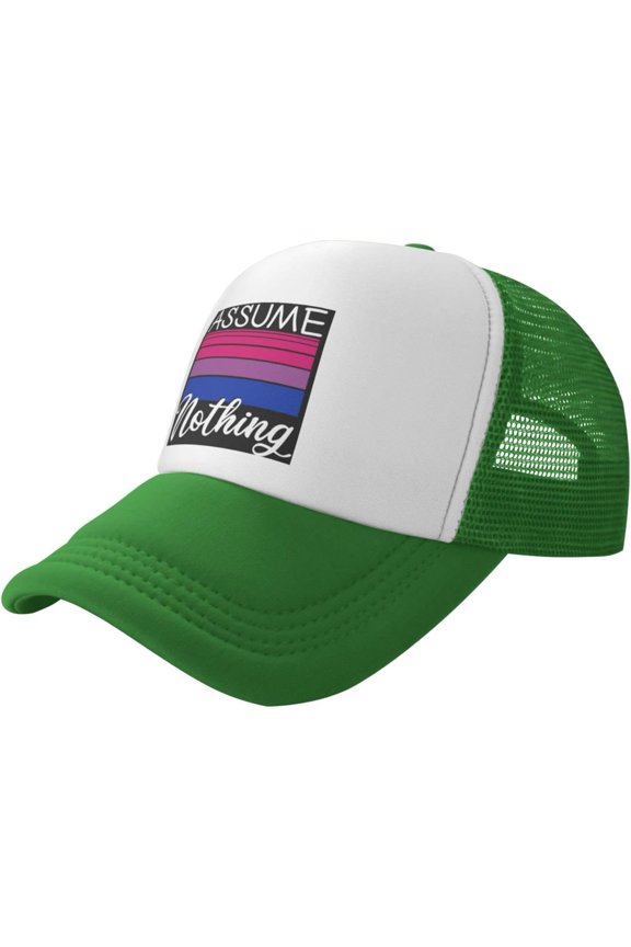 LGBT Bi Pride Gifts Assume Nothing Bisexual Flag Trucker Hat Baseball Cap Men Mesh Ponytail Hat Women Sun Hat Black