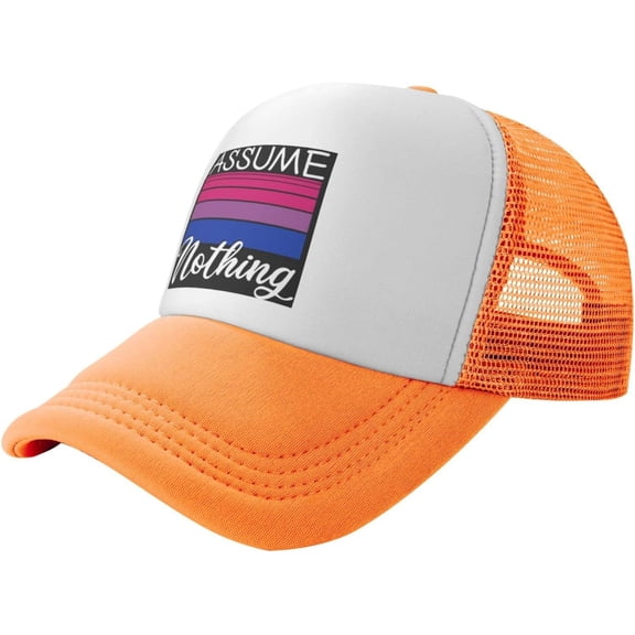 LGBT Bi Pride Gifts Assume Nothing Bisexual Flag Trucker Hat Baseball Cap Men Mesh Ponytail Hat Women Sun Hat Black