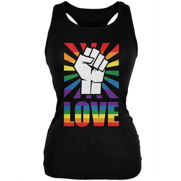 LGBT Gay Pride LOVE Raised Fist Black Juniors Soft Tank Top - X-Large