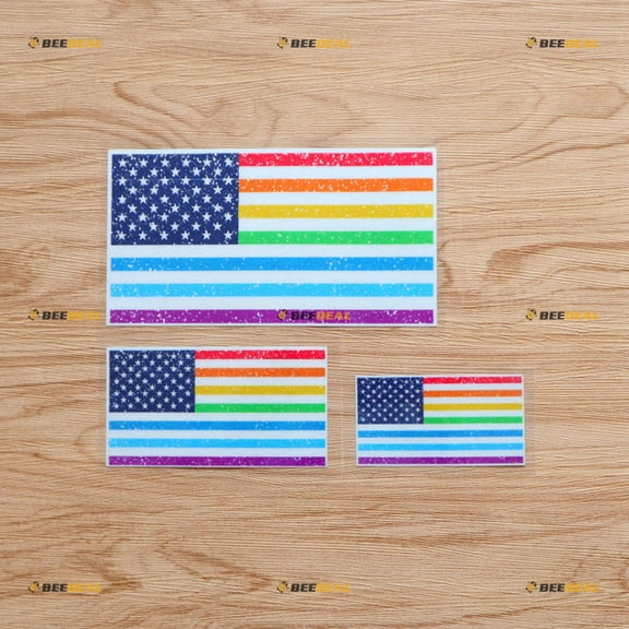 LGBT Gay Pride Rainbow American USA Flag Vinyl Decal Sticker - 3 Pack Reflective, 3 Inches, 4 Inches, 6 Inches - for Car Boat Laptop Cup Distressed Tattered