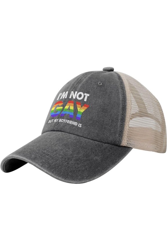 LGBT I'm Not Gay But My Boyfriend is Funny Dad Hats for Men Women Mesh Trucker Hat Adjustable Baseball Cap,Black
