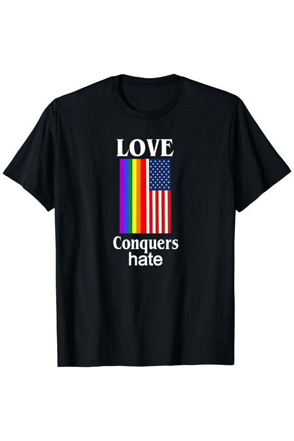 LGBT Love Conquers Hate USA Flag Short Sleeve Round Neck Black T-shirt
