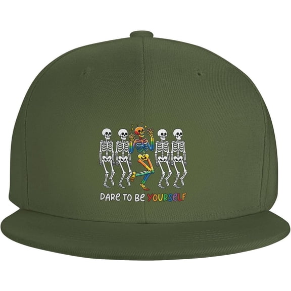 LGBT Pride Month Hat Be Yourself Skeleton Flat Bill Brim Hat Gay Pride Lesbian Love Cap for Men Women Black