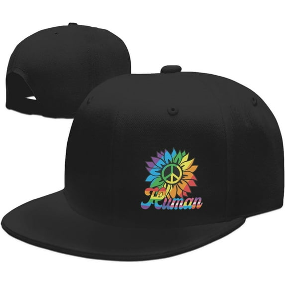 LGBT Pride Month Hat Human Sunflower Rainbow Flat Bill Brim Hat Gay Pride Lesbian Love Cap for Men Women Black