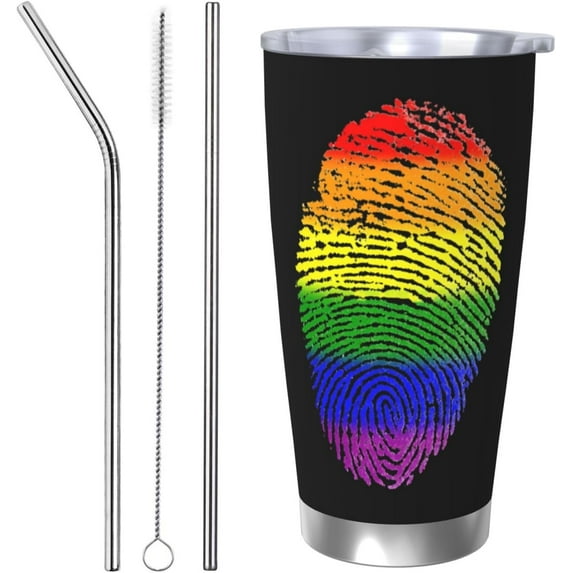 LGBT Pride Rainbow Gay Fingerprint 20oz Stainless Steel Tumbler With Lid And Straw Spill-Proof Insulation Travel Tumbler Cups Vacuum Coffee Cup For Ice Drinks & Hot Beverages