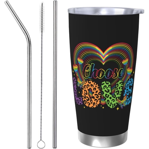LGBT Pride Rainbow Gay Fingerprint 20oz Stainless Steel Tumbler With Lid And Straw Spill-Proof Insulation Travel Tumbler Cups Vacuum Coffee Cup For Ice Drinks & Hot Beverages