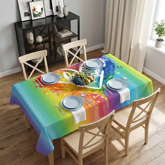 LGBT Rainbow Stripes Rectangle Tablecloth 52x70 Inch Love Heart Gay Lesbian Event Waterproof Tablecloth for Dining Table, Washable Table Cover for Kitchen Dining Room Decoration,Stain Resistant