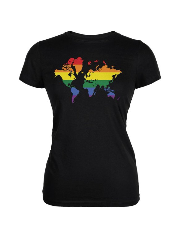 LGBT Rainbow World Map Black Juniors Soft T-Shirt - X-Large