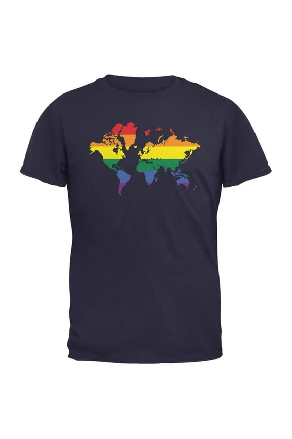 LGBT Rainbow World Map Navy Adult T-Shirt - Large