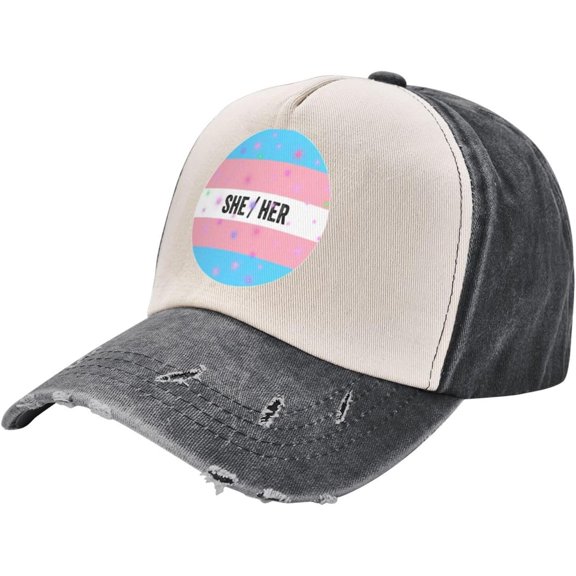 LGBT She Her Pronouns Trans Pride 100% Cotton Women's Baseball Hat Retro Washed Denim Trucker Cap Adjustable,Dark Red