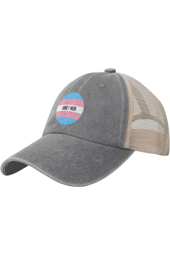 LGBT She Her Pronouns Trans Pride Funny Dad Hats for Men Women Mesh Trucker Hat Adjustable Cotton Baseball Cap,Black
