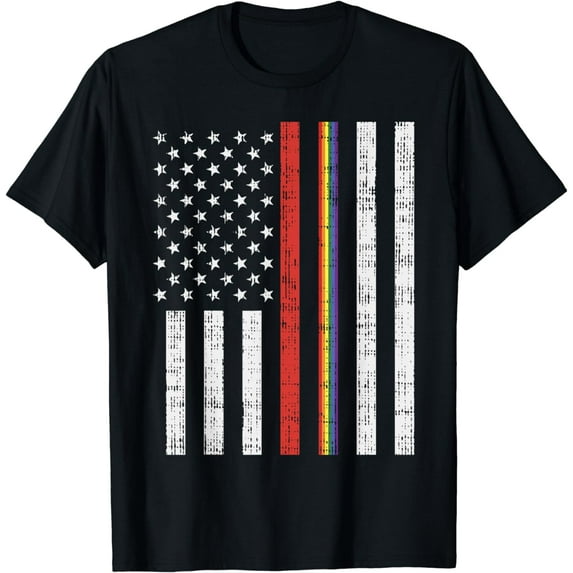 LGBT Thin Red Line Rainbow America Flag Gay Firefighter T-Shirt