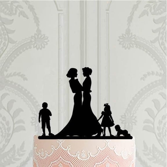 LGBTQ Family Acrylic Wedding Cake Topper, Two Brides with Son Daughter and Baby Silhouette Cake Pick, Black Acrylic Cake Decor for SameSex Blended Family Wedding Supplies