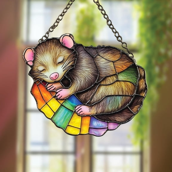 LGBTQ Flag Pride Opossum Faux Wavy Acrylic Suncatcher, Wavy Acrylic Rainbow Flag with Opposum Window Art, Funny Gift for Opossum Lovers