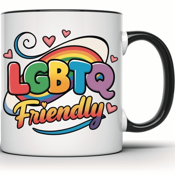 LGBTQ Friendly Rainbow Mug | Pride Gift | Colorful Heart Love Mug | Support LGBT Mug | Friend Gift | Pride Celebration Mug - 11 Ounce Black Rim Handle Novelty Coffee Cup - WMUG1991-BLK