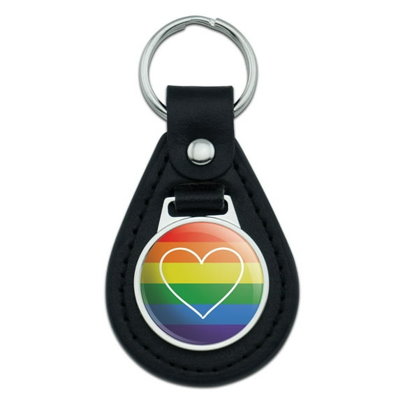 LGBTQ Gay Lesbian Transgender Bisexual Pride Heart on Rainbow Black Leather Keychain