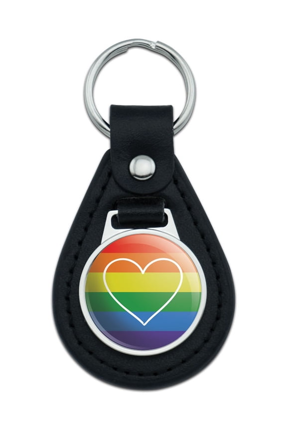 LGBTQ Gay Lesbian Transgender Bisexual Pride Heart on Rainbow Black Leather Keychain