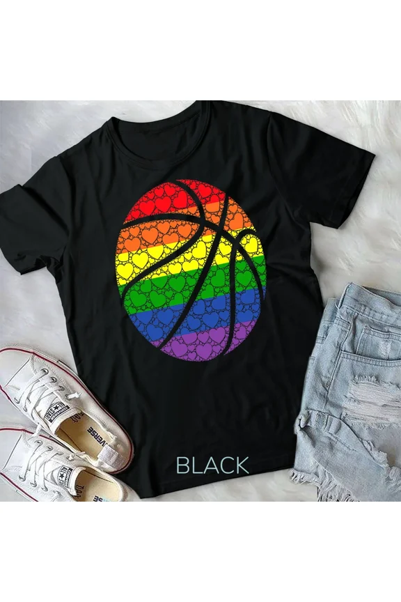 LGBTQ Gay Pride Rainbow Flag Love Hearts Basketball Player Unisex Tshirt