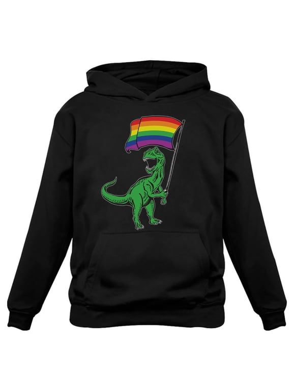 LGBTQ Pride Month: T-Rex Print Rainbow Hoodie -Love is Love Rainbow Sweatshirt - Comfortable & Durable Gay Pride Sweatshirt for Men - Medium Black