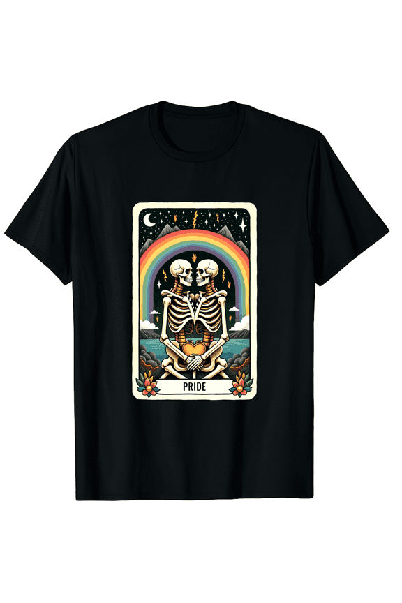 LGBTQ Pride Tarot Card Skeletons Rainbow Unisex Black Cotton Tee