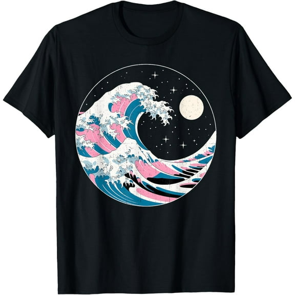 LGBTQ Pride Wave in Japanese Style Under Starry Night Moon T-Shirt Tops Tee