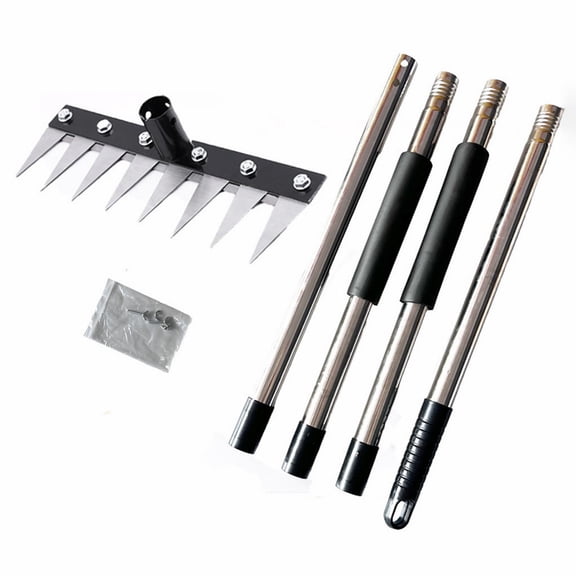 LGCASL Garden Hand Rake Tool Carbon Steel, Garden Hand Rake Tool Adjustable 3/4 Handle Weeding Rake 8 Tine Remover Tool for Soil Loosening Great for Care Garden (8 Tooth Rake + 4Pcs Pipe)