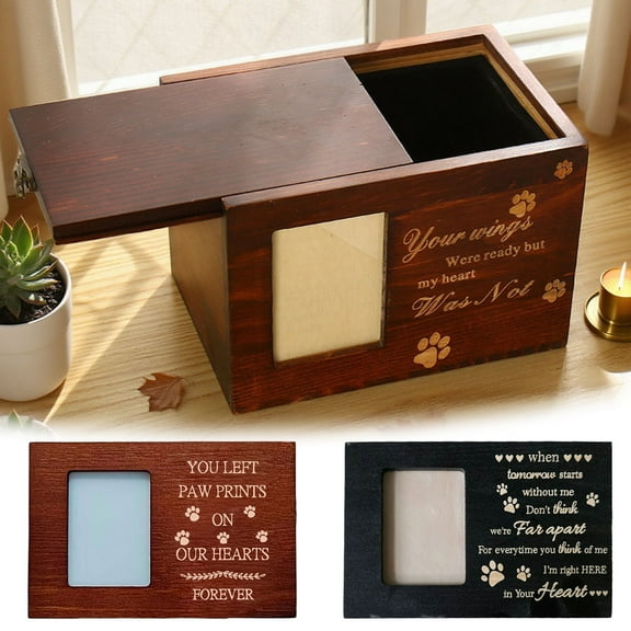 LGDBO Pet Memorial Urns for Dog or Cat Ashes, Wooden Funeral Cremation Urns with Photo Frame, Memorial Keepsake Memory Box with Black Flannel as Lining, Pet Memorial Remembrance Gift (Brown)