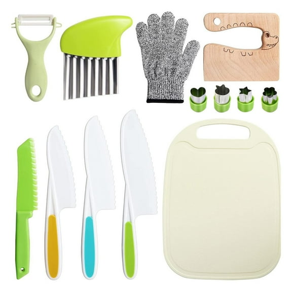 LGHDIWN 13 Pieces Wooden Kids Kitchen Knife, Kids Kitchen Set Include Wood Knife, Serrated Edges Plastic Toddler Knife, Crinkle Cutter, Sandwich Cutter, Y Peeler, Cutting Board