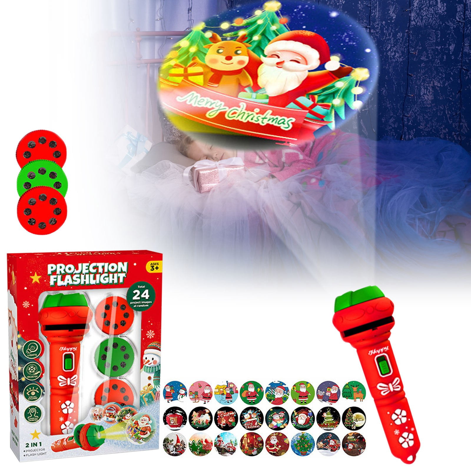 LGHDIWN Christmas Projection Flashlight Toy 24 Patterns Rotating Disc ...