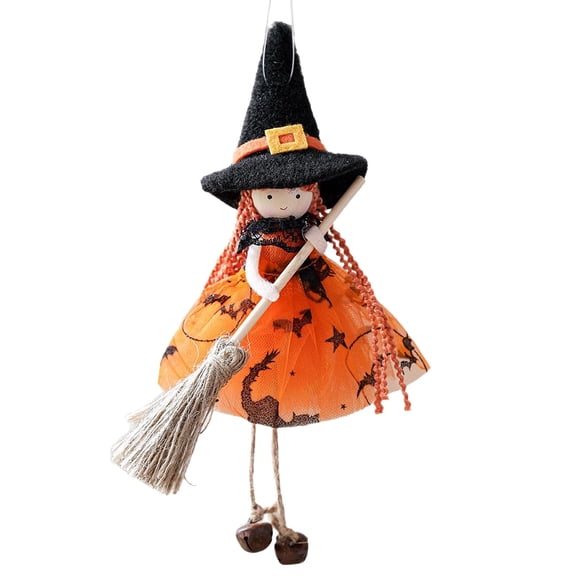 LGHDIWN Hangable Witch Doll Ornament, Halloween Small Witch Figurine with Gauze Skirt, Sorceress Doll with Broom, Hanging Decoration for Haunted House, Room, Door, Window