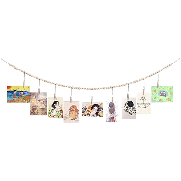 LGHDIWN Hanging Photo Display String with Wooden Clips & Stickers - Decorative Wall Hanging for Polaroids, Pictures, and Art in Home, Dorm, or Cafe Decor