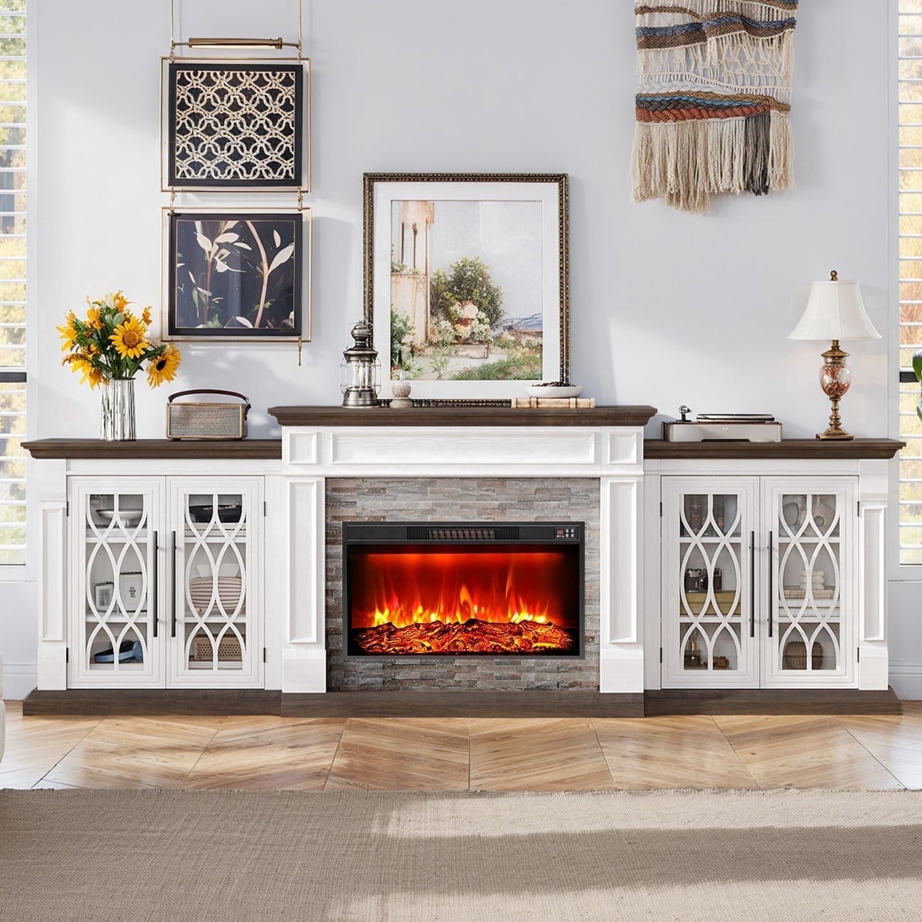 LGHM 104" Fireplace TV Stand with 30" Electric Heater, Large Farmhouse Entertainment Center with Storage Cabinet, Media Console for Living Room, White