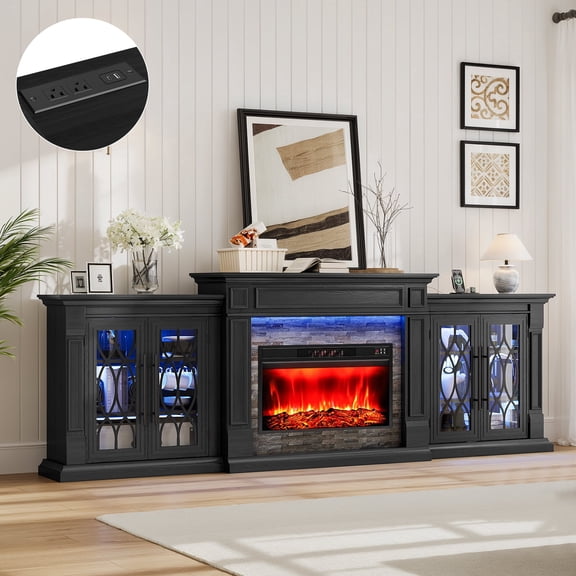LGHM 104" TV Stand with 30" Electric Fireplace & Charging Station & LED Lights, Large Farmhous Entertainment Center with Storage Cabinet, Media Console for Living Room, Black