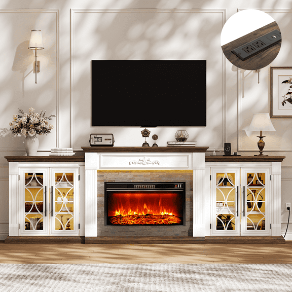 LGHM 104" TV Stand with 30" Electric Fireplace & Charging Station & LED Lights, Large Farmhous Entertainment Center with Storage Cabinet, Media Console for Living Room, White Brown