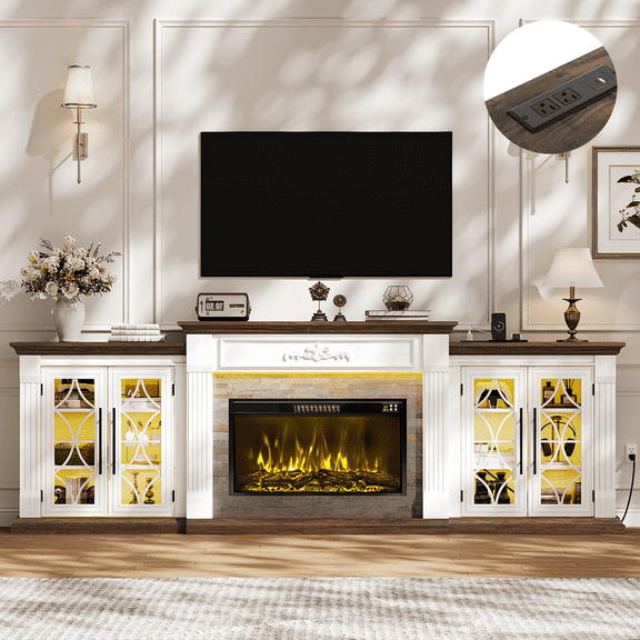 LGHM 104" TV Stand with 30" Multi-color Electric Fireplace & Charging Station & LED Lights, Large Farmhous Entertainment Center with Storage Cabinet, Media Console for Living Room, White Brown
