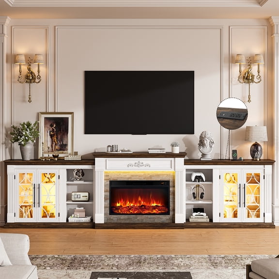 LGHM 135" Fireplace TV Stand with 30" Electric Fireplace, 5 in 1 Modular Entertainment Center with LED Lights & Power Outlets & Glass Doors & Shelves, White Brown