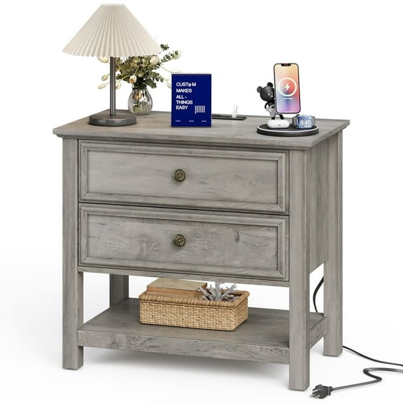 LGHM 2 Drawer Nightstand with Charging Station, 26.7" Large Bedside Table with Open Shelf, Dresser for Bedroom, Living Room, Gray