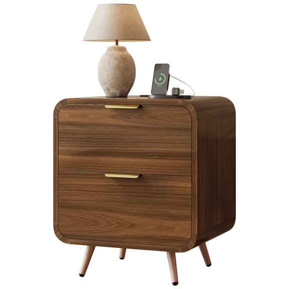 LGHM 2-Drawer Nightstand with Charging Station, Mid-Century Modern Bedside Table with USB & Type-C Ports, End Table for Bedroom, Walnut
