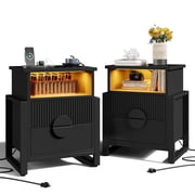 LGHM 2 Drawer Nightstands Set of 2 with Charging Station & LED Lights, Modern Fluted Bedside Tables End Table for Bedroom, Living Room, Black