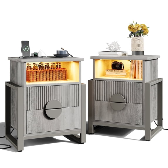 LGHM 2 Drawer Nightstands Set of 2 with Charging Station & LED Lights, Modern Fluted Bedside Tables End Table for Bedroom, Living Room, Gray