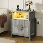LGHM 2 Drawer Nightstands with Charging Station & LED Lights, Modern Fluted Bedside Tables End Table for Bedroom, Living Room, Gray